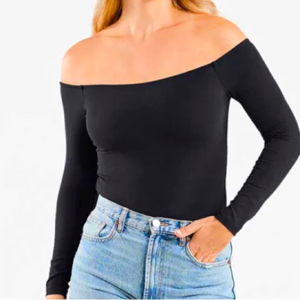 Nuuds Off-Shoulder Black Bodysuit, thong- style, size XL
